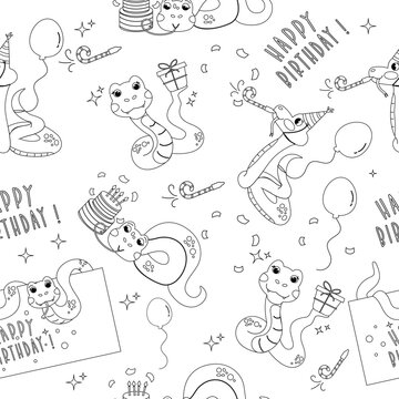 Seamless pattern outline color book character birthday snake