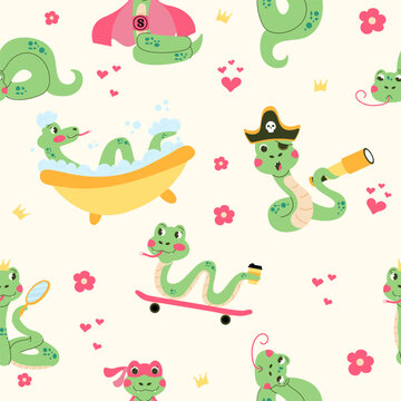 Seamless pattern cute character snake hand drawn