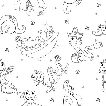 Seamless pattern color book outline cartoon character snake