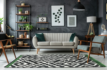 A modern living room with grey walls, white ceiling and concrete floor. A black and green geometric pattern rug is placed on the gray carpet in front of an armchair near the sofa