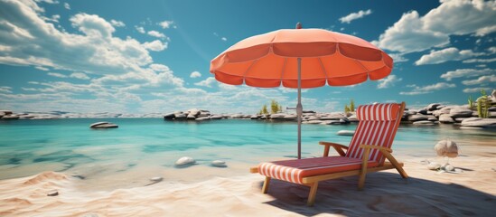 Beach umbrella with chairs, inflatable ring on beach sand - obrazy, fototapety, plakaty