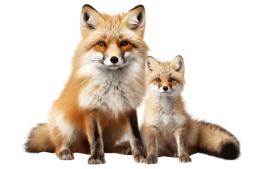 Two Foxes Sitting Next to Each Other. On a Clear PNG or White Background.