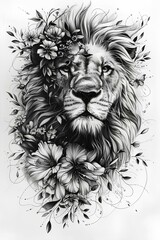 black and white lion with floral ornament illustration