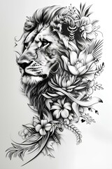 black and white lion with floral ornament illustration