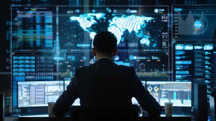 an asian man Is working in front of big computer with data analysis, future technology concept
