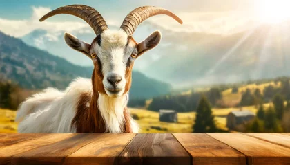 Foto op Plexiglas Close-up of an empty wooden table and a white and brown horned mountain goat, looking at the camera, on a mountain landscape with sunbeams. Template for dairy products. Generative Ai. © Alberto Masnovo