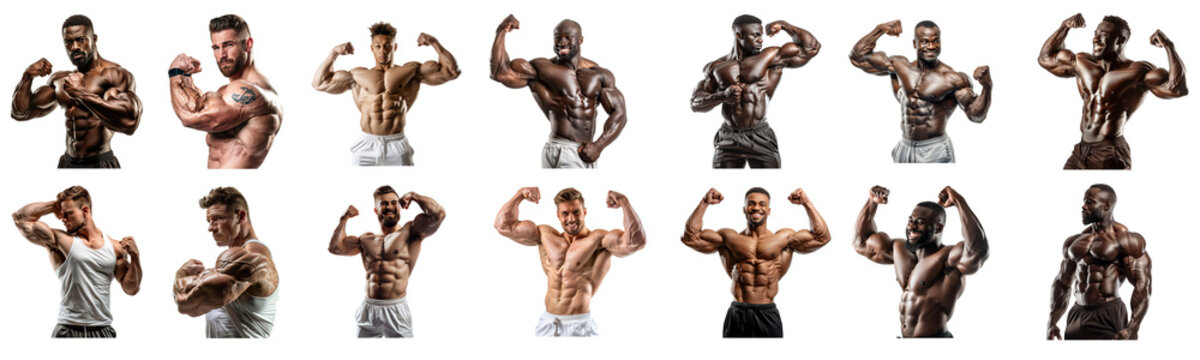 Diverse muscular men flexing in a fitness photoshoot, cut out transparent