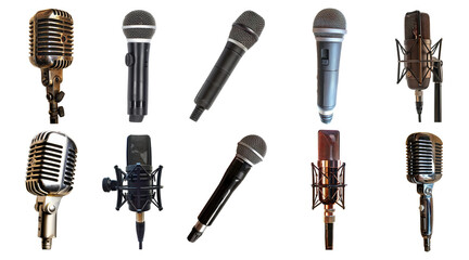 Collection of vintage and modern microphones, cut out transparent - obrazy, fototapety, plakaty