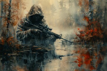 Hunting man creeping in swamp during hunting season