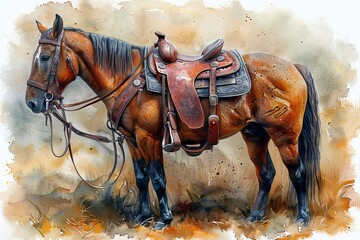 It consists of a saddle with stirrups attached to a horse's back. - obrazy, fototapety, plakaty