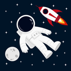 Cosmonaut in space with moon and stars satellite and flying rocket. Vector illustration