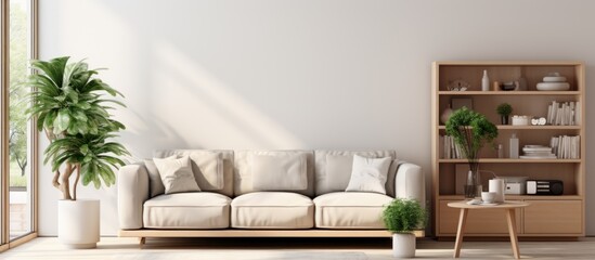 Stylish interior of light living room with sofa