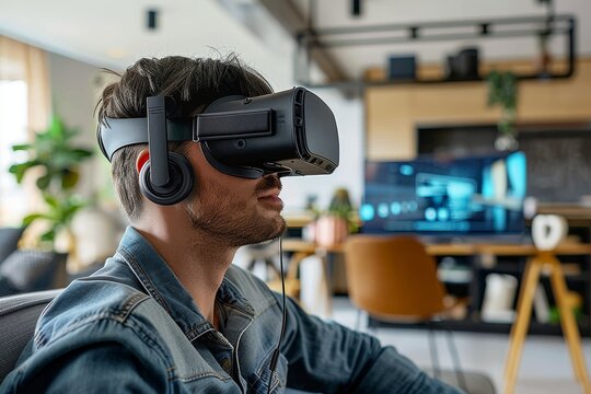 Engineer wearing VR headset for interior inspiration, immersive decor simulations.