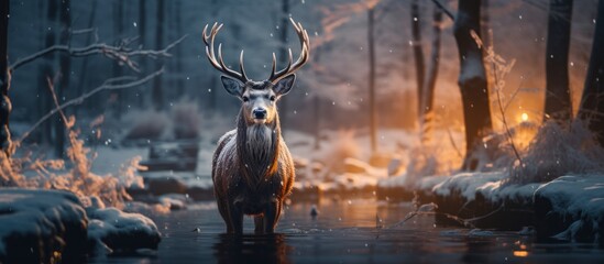 A big deer stands on a cold winter night in a snowy forest