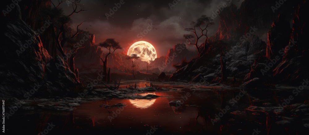 Poster the dark forest landscape is illuminated by the rising full moon over the river, creating a mystical