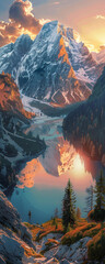 Majestic mountains, snow-capped, towering peaks, overlooking a serene alpine lake, bathed in the...