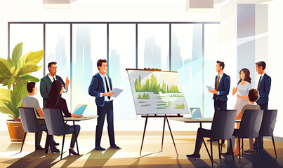 The manager presents his business strategy to colleagues