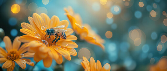 Honey bee collecting nectar from a yellow flower, spring background with copy space - obrazy, fototapety, plakaty