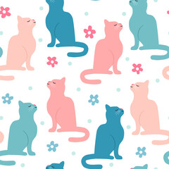 cute hand drawn cartoon character pink and blue cat, daisy flowers and dots seamless vector pattern background illustration