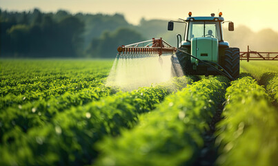 The tractor sprays the crops in the amzing field - obrazy, fototapety, plakaty