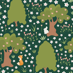 cute hand drawn cartoon rabbit and fox in the meadow with trees and flowers springtime seamless vector pattern background illustration