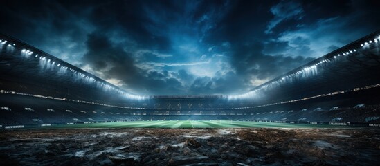 Football field illuminated by stadium lights - obrazy, fototapety, plakaty