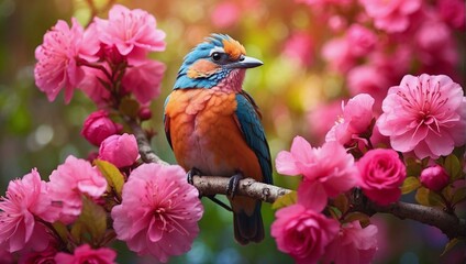 colorful bird perched on a branch with vibrant pink flowers.