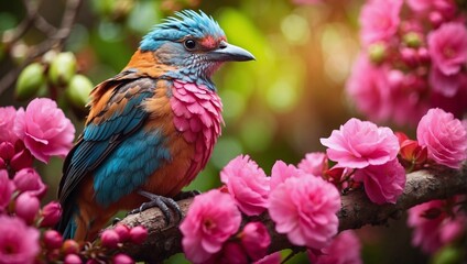 colorful bird perched on a branch with vibrant pink flowers.
