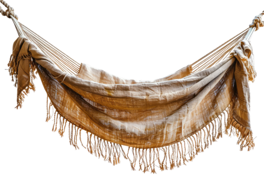 Brown Hammock Hanging From Rope. On a Clear PNG or White Background.
