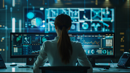 A woman typing in front of a large computer analysing data, a concept of future technology,  blur effect in the background