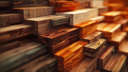Warm tones and textures of stacked lumber showcasing natural wood patterns