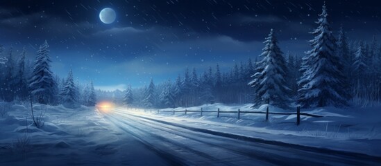 The car is driving down a snowy road at night, under the moonlit sky. The natural landscape is covered in snow, with trees lining the asphalt road