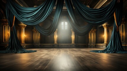 Theater stage with black gold velvet curtai