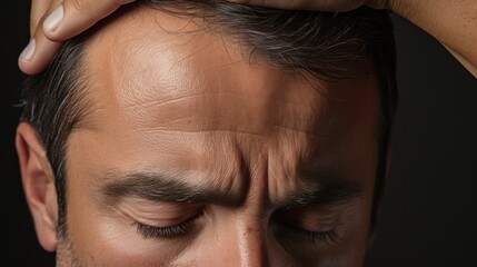 Doctor marking young man's forehead with hair loss problem on grey background
