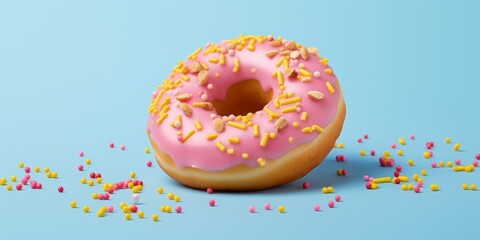Pink Donut doughnut with colorful sugar sprinkles on light  pink yellow background, copy space. Carnival or birthday party card. Happy National donut day Concept. Generative ai.