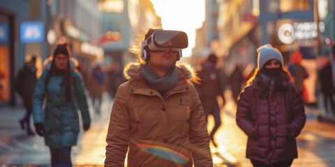 Young man walking on the street and using Vr virtual reality headset. Future technology, Futuristic tech with metaverse, Future game and entertainment digital technology concept. Generative ai