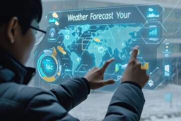 man in casual dress pointing hand to check the weather forecast on screen checking the weather during the day, such as temperature - obrazy, fototapety, plakaty