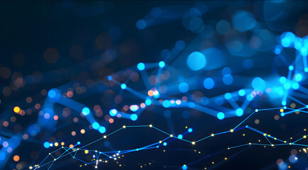 Fototapeta premium Abstract geometric network on dark blue background, illustrating the concept of network line connections and data connections. Blue lines connected with dots illustrate the network structure.