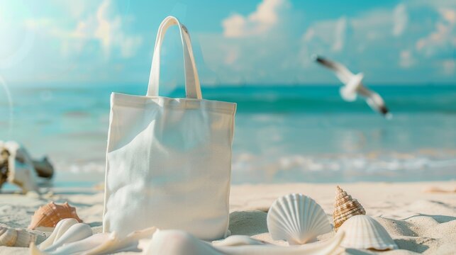 Blank cotton white Shopper bag, white tote bag mockup on blurred seaside. The summer sun, contrasting with the vibrant blue sea in the background. Generative ai.