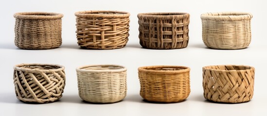 Collage of stylish rattan baskets on white backgroun - obrazy, fototapety, plakaty