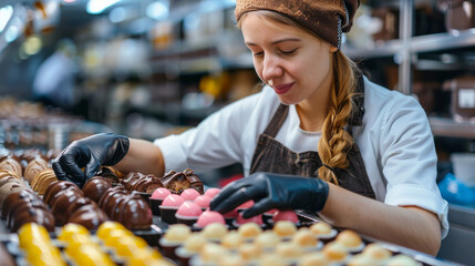 Woman chocolatier in an apron and black food gloves making artisan homemade bonbon chocolate. Baker...