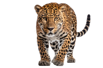 Large Leopard Walking Across White Background. On a Clear PNG or White Background.