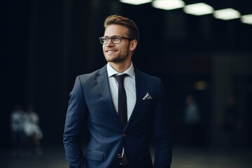 A young businessman in a business suit stands in a confident pose. A man in a jacket poses.