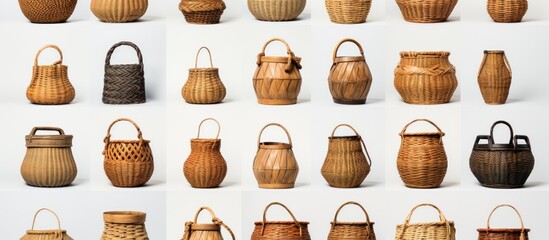 Collage of stylish rattan baskets on white backgroun