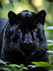 Tuinposter A black panther in the jungle. Jungle background. the smooth black jaguar © Anna