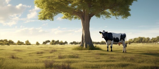 a cow standing next to a tree in a field