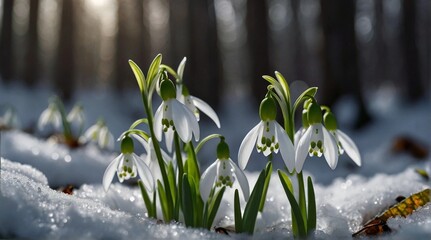 Flowering snowdrops are punched out of the snow. Symbol of nature waking up - obrazy, fototapety, plakaty