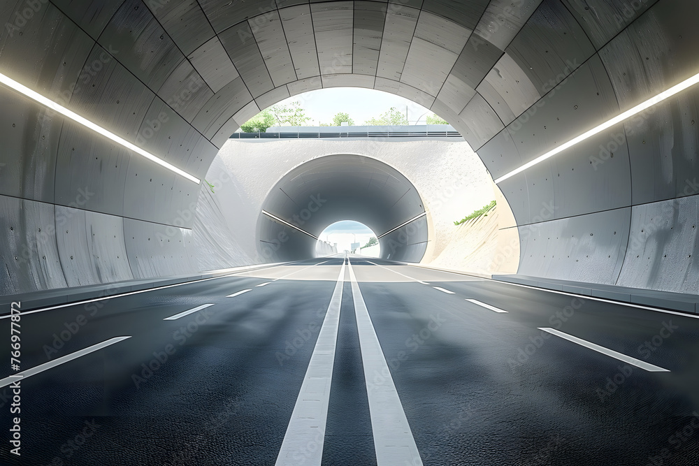 Poster rendering of 3d architectural tunnel on highway with empty asphalt road.