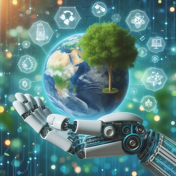 A robotic hand gently holds a small, vibrant Earth, surrounded by icons of sustainability. This image symbolizes technological harmony with nature. AI generation