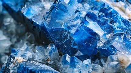 Blue crystals with a rough surface. The crystals are in a variety of shapes and sizes.
